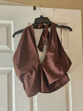 Ambercrombie & Fitch Satin Halter Crop Top in Deep Brown